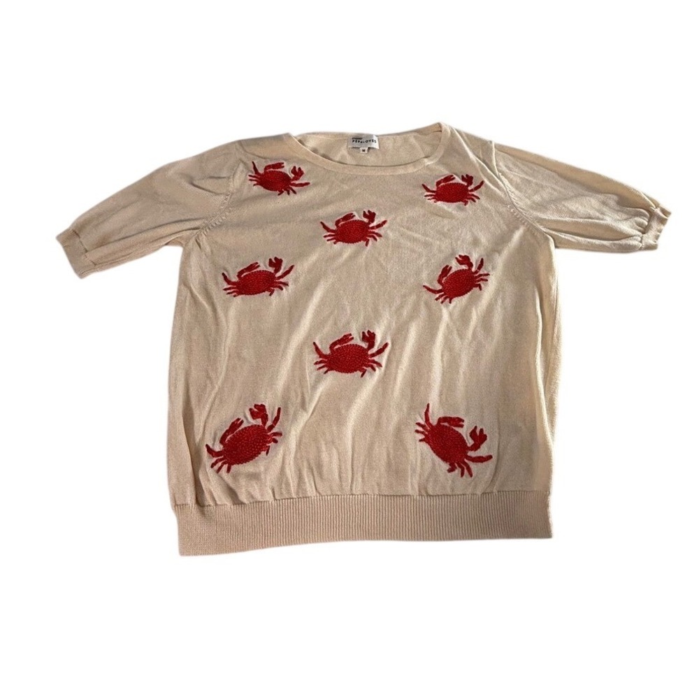 Pepaloves Womens Tan Knit Crab Embroidered Sweater Top Beige Size M Nautical